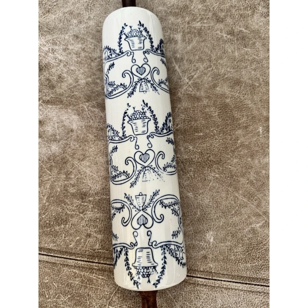 Roller Pin Blue White Glazed Stoneware Wood Handles 19-20